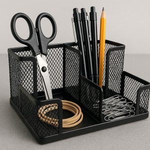 11 Mesh Metal Desktop Organizer with 4 Compartments for Office Accessories