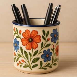 2 Ceramic Pen Holder with Hand Painted Floral Design for Home and Office