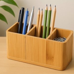 3 Bamboo Pen Holder with 3 Compartments for Eco Friendly Desk Organization