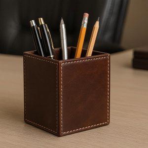 8 Leather Pen Holder with Stitched Design for Executive Desk and Office